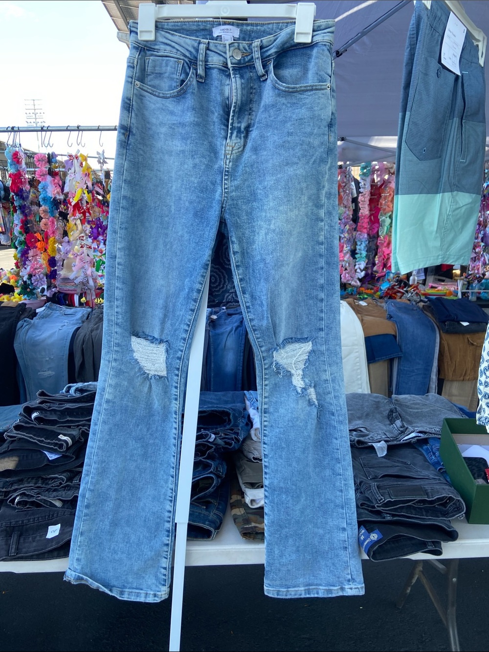 Forever 21 Light Blue Distressed Flare Jeans